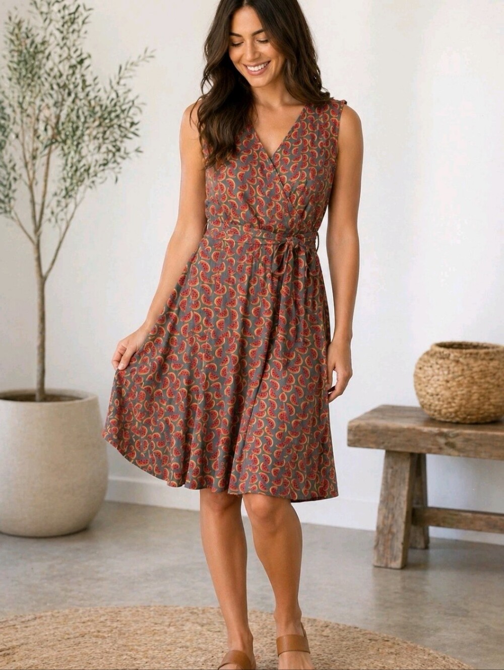 Effie's Heart Watermelon Print Wrap Dress Sleeveless Medium jersey mod novelty